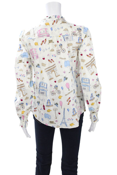 Talbots Women White Cotton Paris Graphic Button Up Blouse Long Sleeve Size S