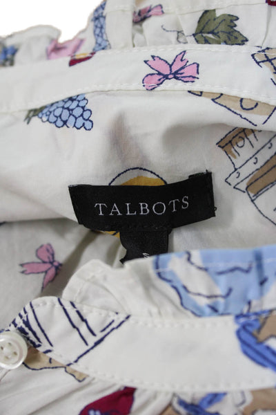 Talbots Women White Cotton Paris Graphic Button Up Blouse Long Sleeve Size S