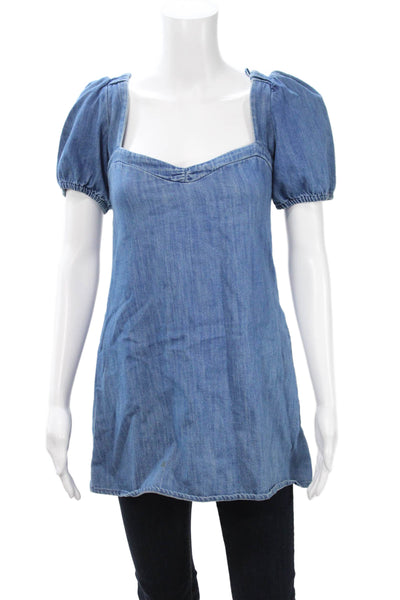 Zara Women Bohemian Blue Tunic Square Neck Tie Cotton Blend Short Sleeve Size M