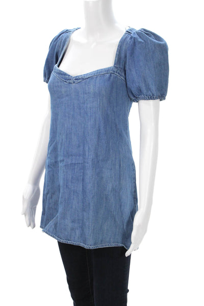 Zara Women Bohemian Blue Tunic Square Neck Tie Cotton Blend Short Sleeve Size M