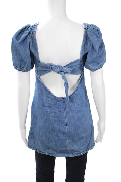 Zara Women Bohemian Blue Tunic Square Neck Tie Cotton Blend Short Sleeve Size M