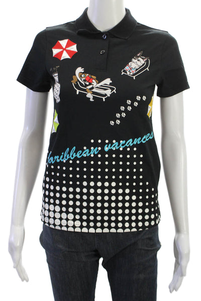 M.U Sports Women Collared Polo Short Sleeve Black Polka Dot Graphic Size 38