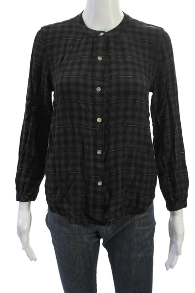 Rails Women Basic Button-Up Top Black Check Crew Neck Long Sleeve Size XS