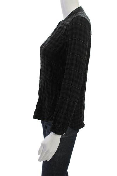 Rails Women Basic Button-Up Top Black Check Crew Neck Long Sleeve Size XS