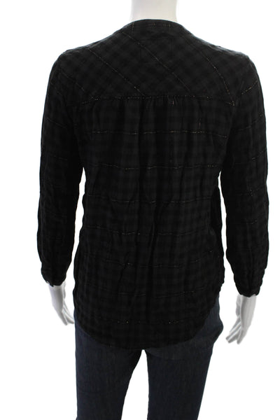 Rails Women Basic Button-Up Top Black Check Crew Neck Long Sleeve Size XS