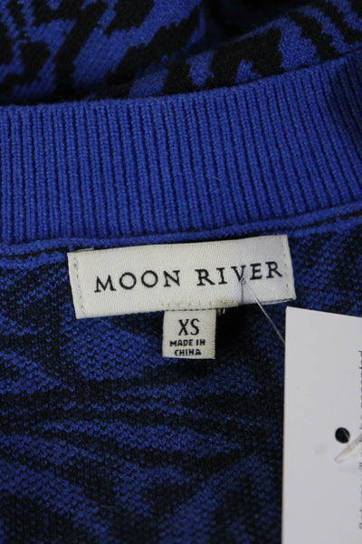 Moon River Unisex Black Animal Print V-Neck Zip Pullover Sweater Size XS