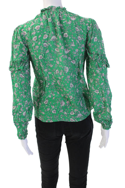 Intermix Women Green Floral Bohemian High Neck Long Sleeve Blouse Size S