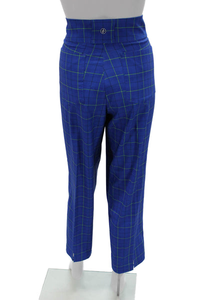JoFit Unisex Ankle Cropped Pants Blue Check Button 28in 94% Polyester Size 14