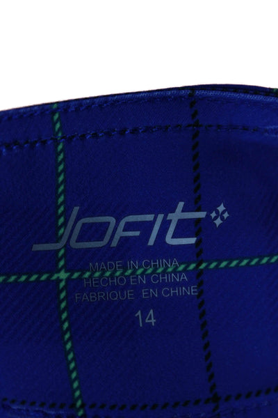 JoFit Unisex Ankle Cropped Pants Blue Check Button 28in 94% Polyester Size 14