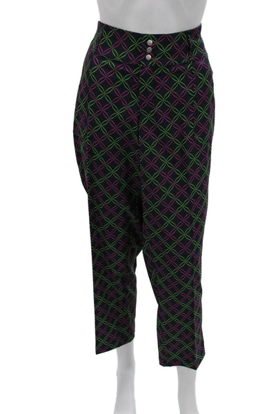 JoFit Women Cropped Pants Dark Blue Geometric Button Inseam 28 Size 14