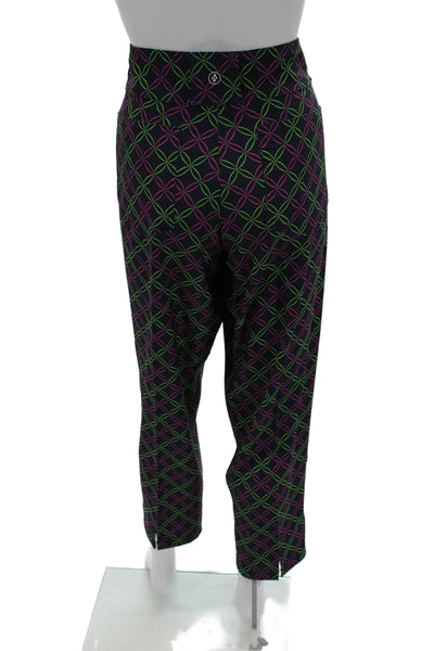 JoFit Women Cropped Pants Dark Blue Geometric Button Inseam 28 Size 14