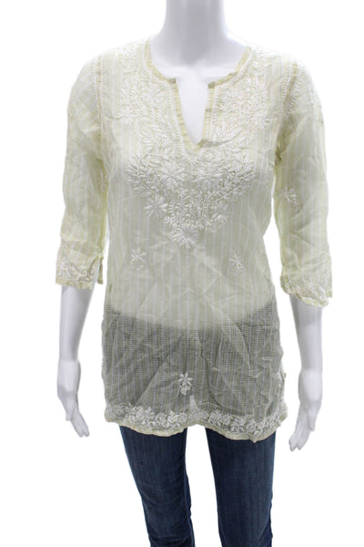 Gretchen Scott Women Tunic Blouse Beige Floral 3/4 Sleeve Bohemian Size S