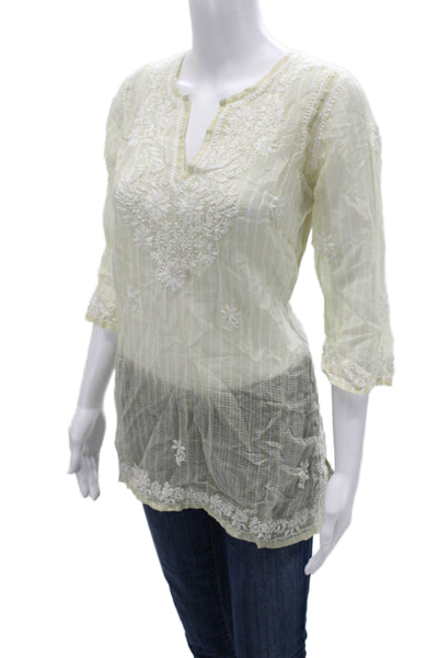 Gretchen Scott Women Tunic Blouse Beige Floral 3/4 Sleeve Bohemian Size S