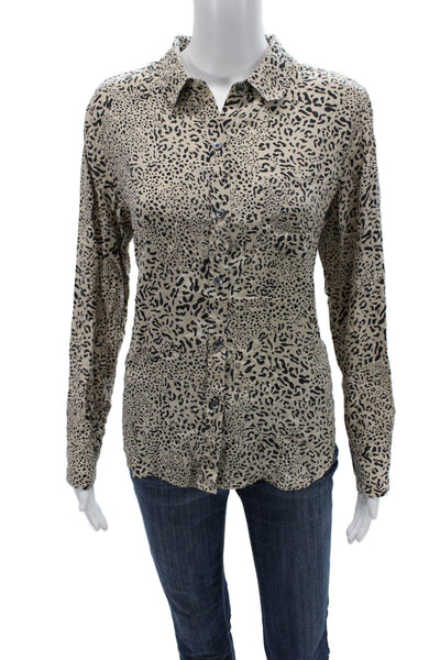 Rails Women Silk Leopard Button-Up Collared Long Sleeve Beige Top Size M