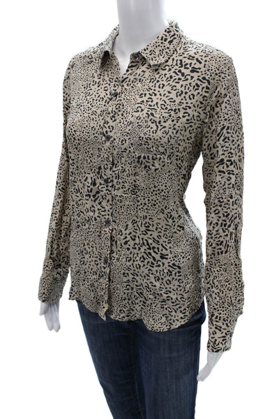 Rails Women Silk Leopard Button-Up Collared Long Sleeve Beige Top Size M
