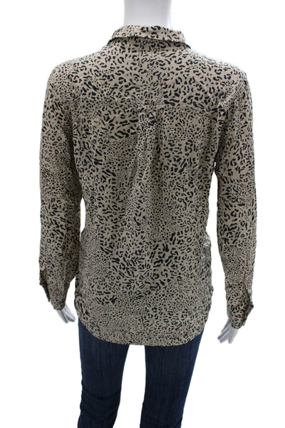 Rails Women Silk Leopard Button-Up Collared Long Sleeve Beige Top Size M