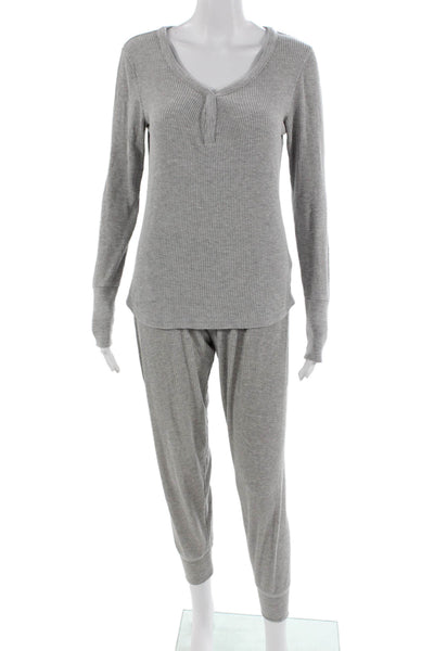 PJ Salvage Womens Ribbed Knit V-neck Long Sleeve Pajama Set Gray Size S