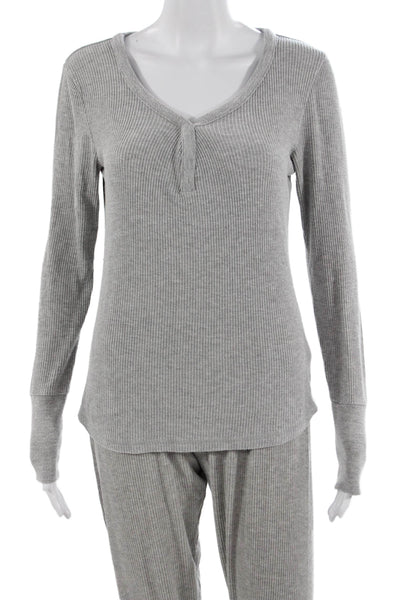 PJ Salvage Womens Ribbed Knit V-neck Long Sleeve Pajama Set Gray Size S