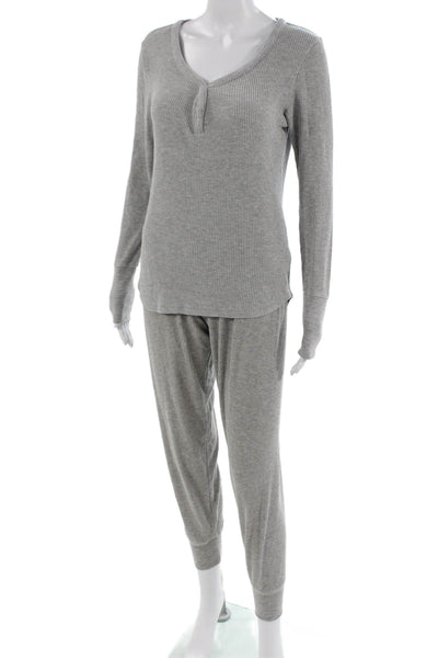 PJ Salvage Womens Ribbed Knit V-neck Long Sleeve Pajama Set Gray Size S