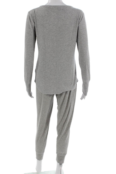 PJ Salvage Womens Ribbed Knit V-neck Long Sleeve Pajama Set Gray Size S