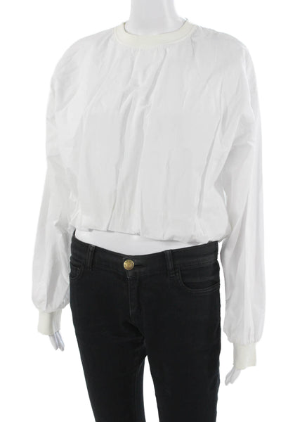 Zara Women Basic White Cotton Crew Neck Button Long Sleeve Top Size S