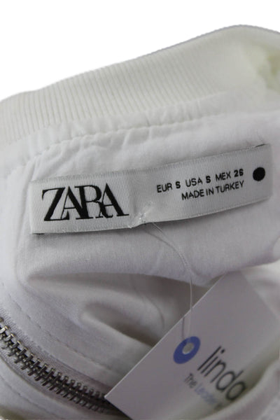 Zara Women Basic White Cotton Crew Neck Button Long Sleeve Top Size S