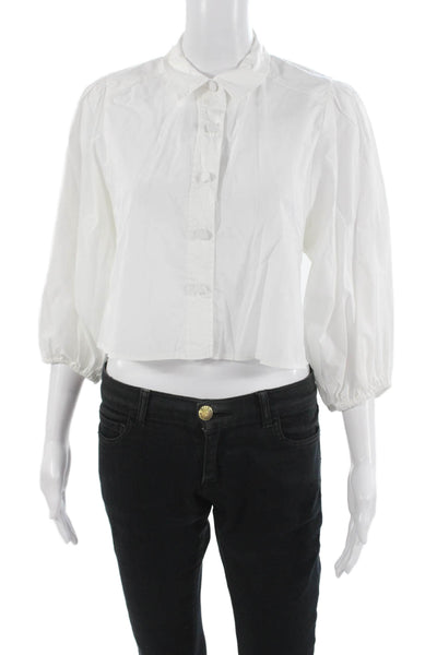 Zara Women Cropped Button-Up Cotton Collared 3/4 Sleeve White Blouse Size M