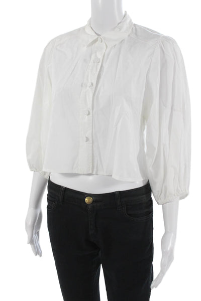 Zara Women Cropped Button-Up Cotton Collared 3/4 Sleeve White Blouse Size M