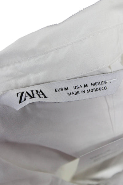Zara Women Cropped Button-Up Cotton Collared 3/4 Sleeve White Blouse Size M