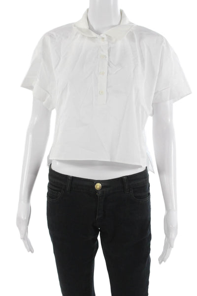 Zara Women Cropped Polo Short Sleeve Collared Button Cotton White Size M