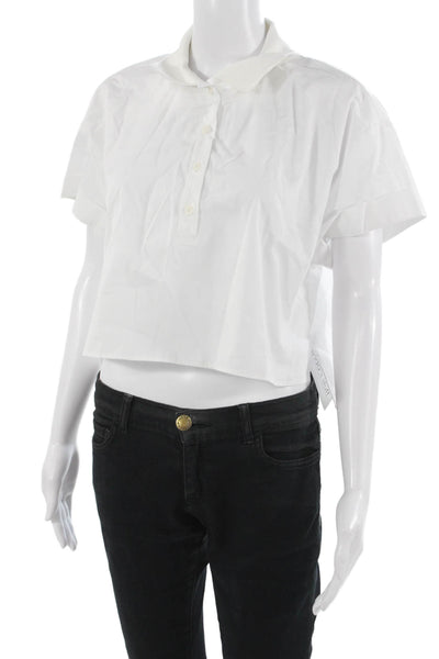 Zara Women Cropped Polo Short Sleeve Collared Button Cotton White Size M