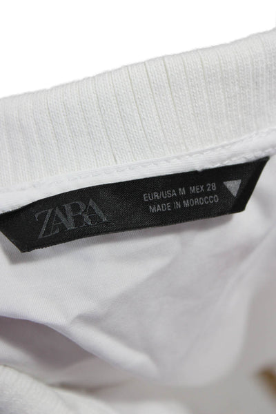 Zara Women Cropped Polo Short Sleeve Collared Button Cotton White Size M