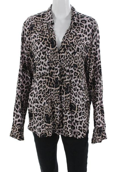 Mikoh Women Leopard Rayon Collared Long Sleeve Button Up Blouse Size 2