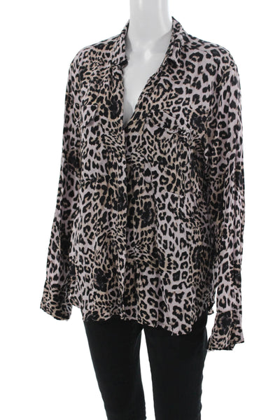 Mikoh Women Leopard Rayon Collared Long Sleeve Button Up Blouse Size 2