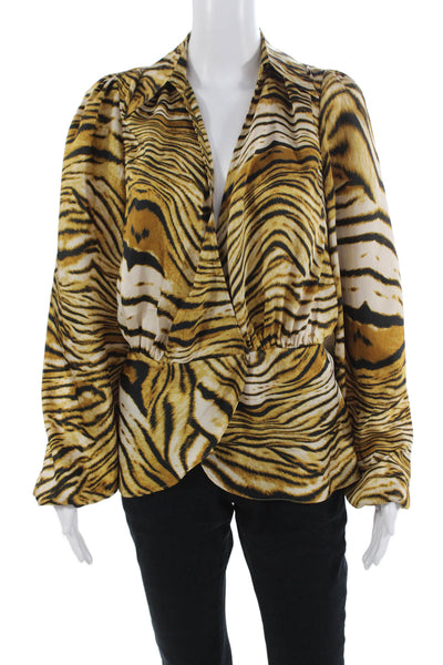 Ronny Kobo Women Collared Animal Print Long Sleeve Blouse Beige Size M