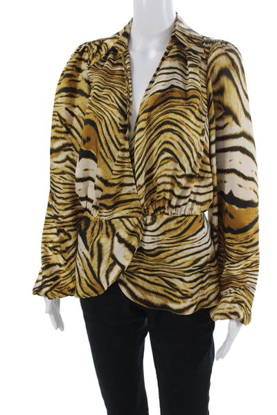 Ronny Kobo Women Collared Animal Print Long Sleeve Blouse Beige Size M