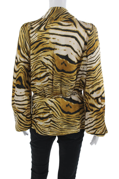 Ronny Kobo Women Collared Animal Print Long Sleeve Blouse Beige Size M