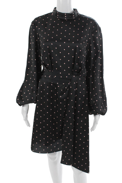 Keepsake Women Shift Dress Black Long Sleeve Mock Neck Polka Dot Button Size S