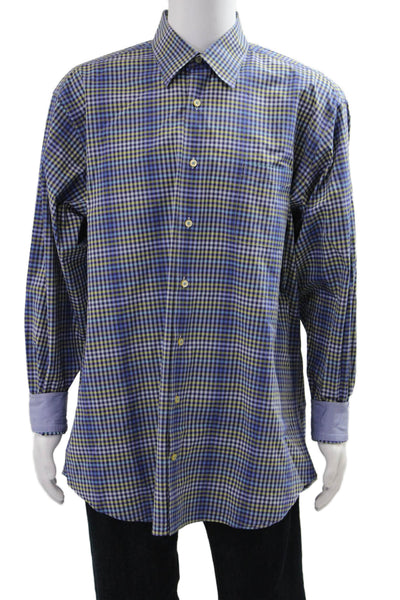 Robert Talbott Mens Button Front Collared Gingham Shirt Blue Multi Size XL