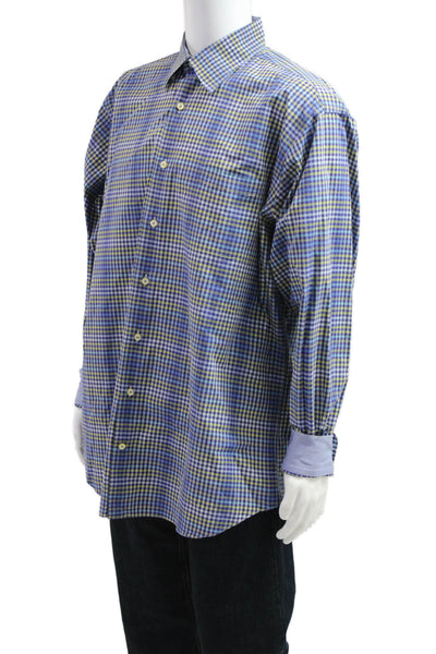 Robert Talbott Mens Button Front Collared Gingham Shirt Blue Multi Size XL