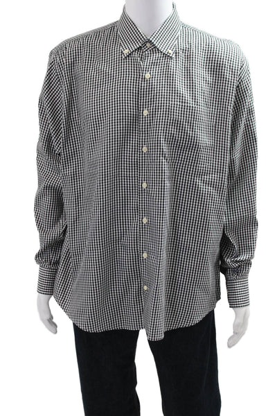 Peter Millar Mens Button Front Collared Gingham Shirt Black White Cotton Size XL