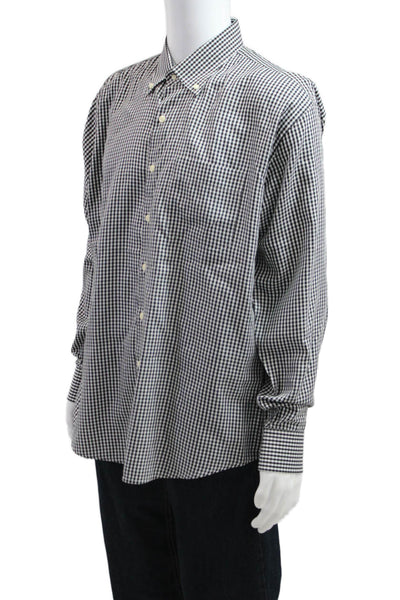 Peter Millar Mens Button Front Collared Gingham Shirt Black White Cotton Size XL
