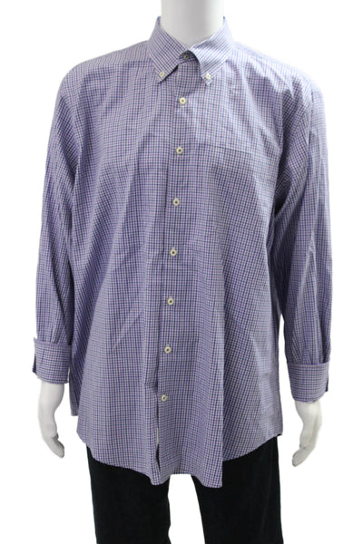 Peter Millar Mens Button Front Collared Plaid Shirt Purple White Blue Size XL