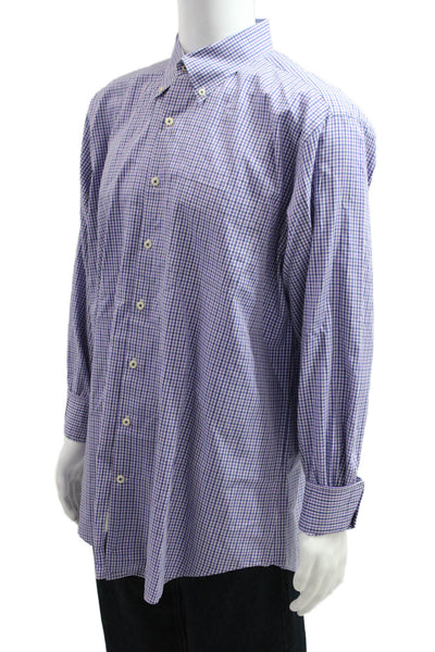 Peter Millar Mens Button Front Collared Plaid Shirt Purple White Blue Size XL