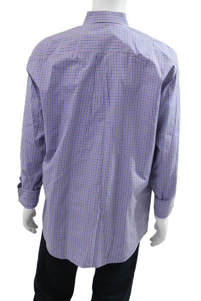 Peter Millar Mens Button Front Collared Plaid Shirt Purple White Blue Size XL
