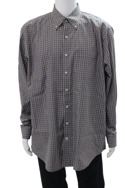 Peter Millar Mens Button Front Collared Plaid Shirt Black Multi Cotton Size XL