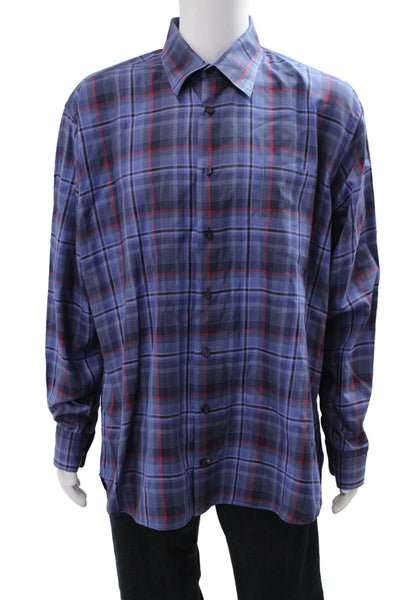 Robert Talbott Mens Button Front Collared Plaid Pocket Shirt Blue Red Size XL