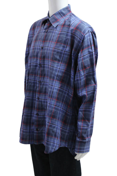 Robert Talbott Mens Button Front Collared Plaid Pocket Shirt Blue Red Size XL