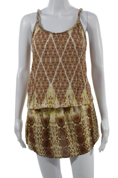 SW3 Bespoke Women Silk Geometric Sleeveless Playsuit Brown Size S