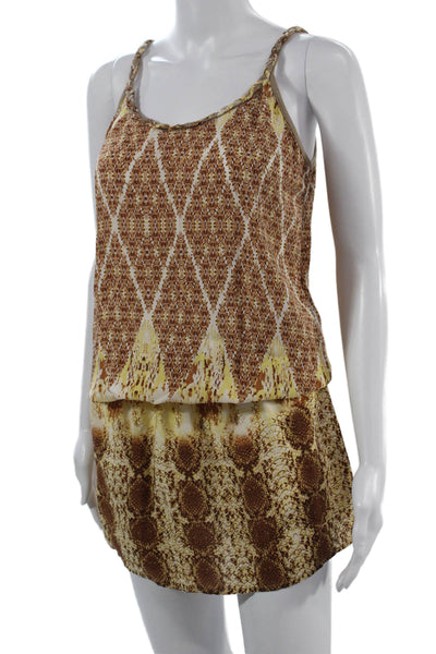 SW3 Bespoke Women Silk Geometric Sleeveless Playsuit Brown Size S